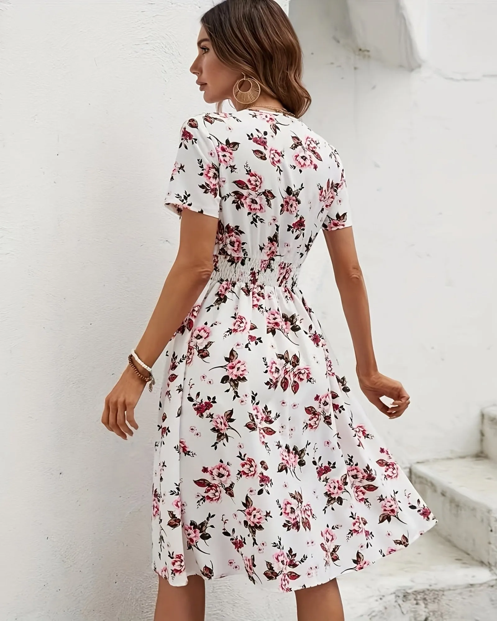 Amelia – Boho Floral Print V Neck Dress with Shirred Waist