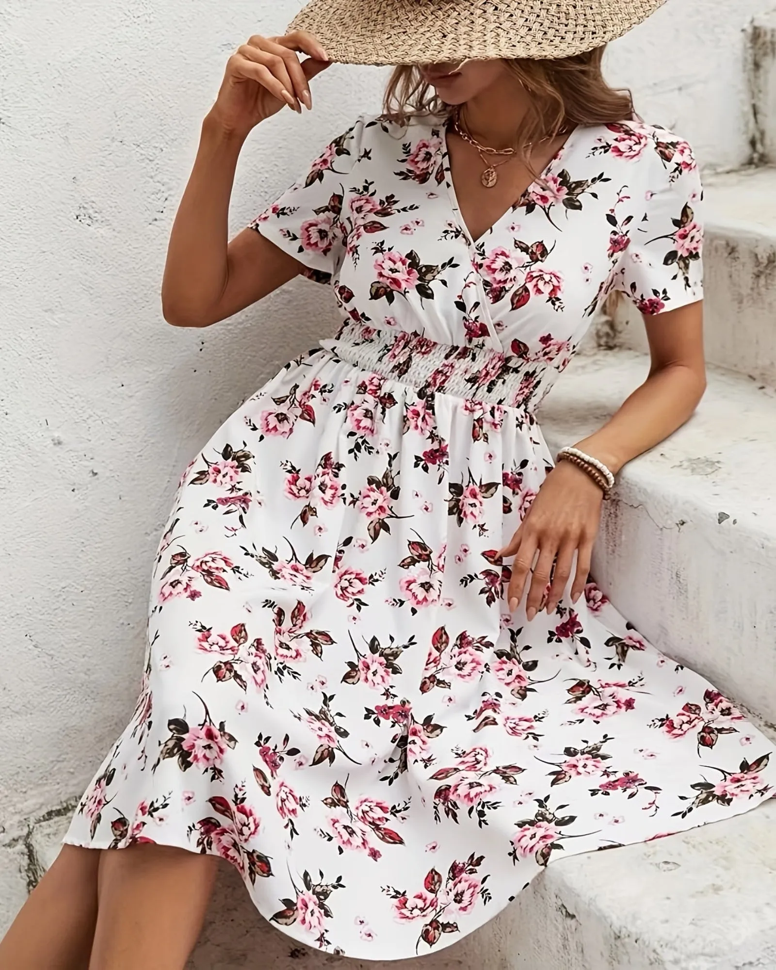 Amelia – Boho Floral Print V Neck Dress with Shirred Waist
