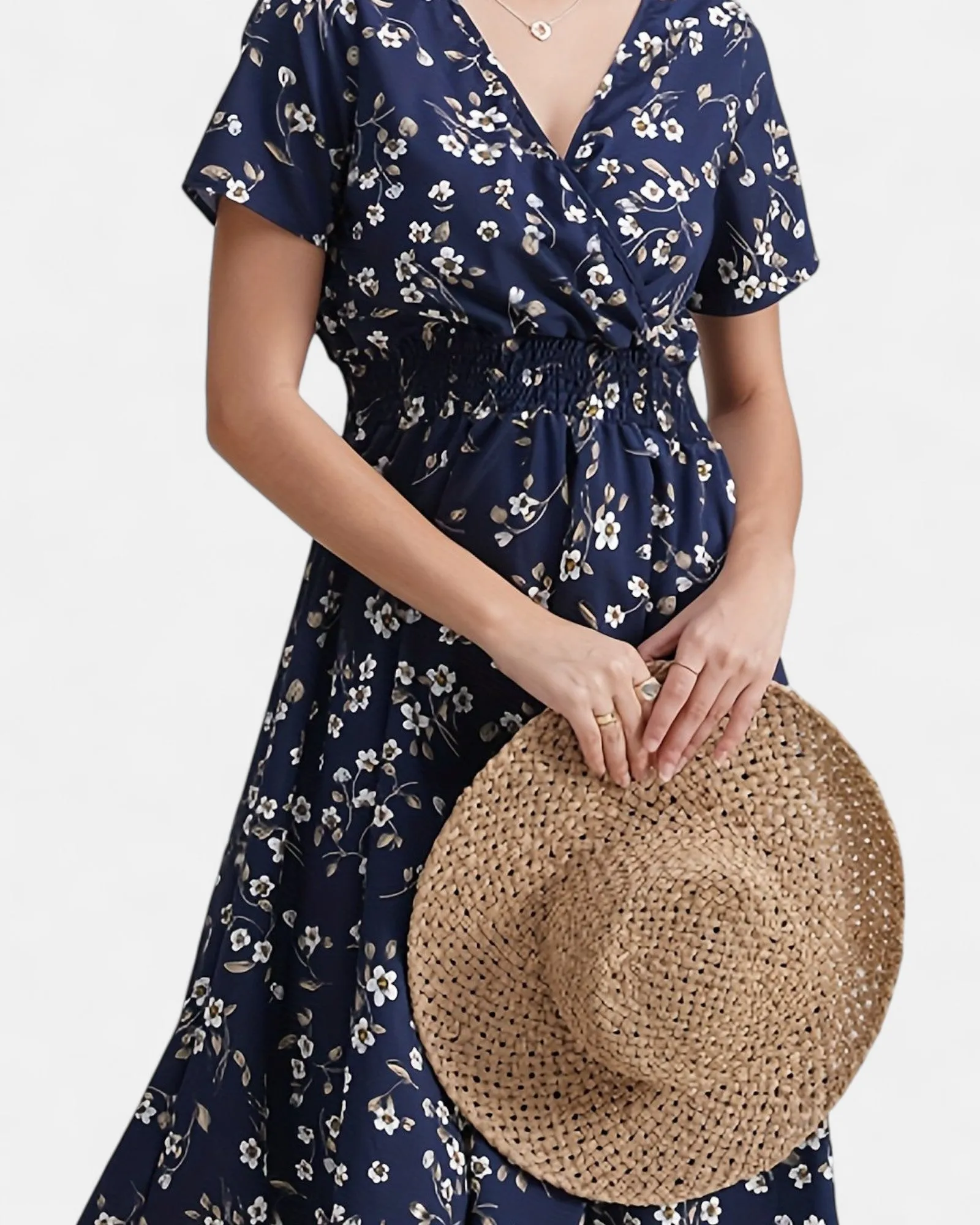 Amelia – Boho Floral Print V Neck Dress with Shirred Waist