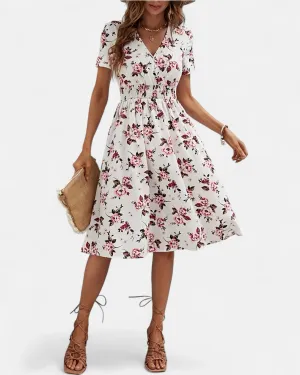 Amelia – Boho Floral Print V Neck Dress with Shirred Waist