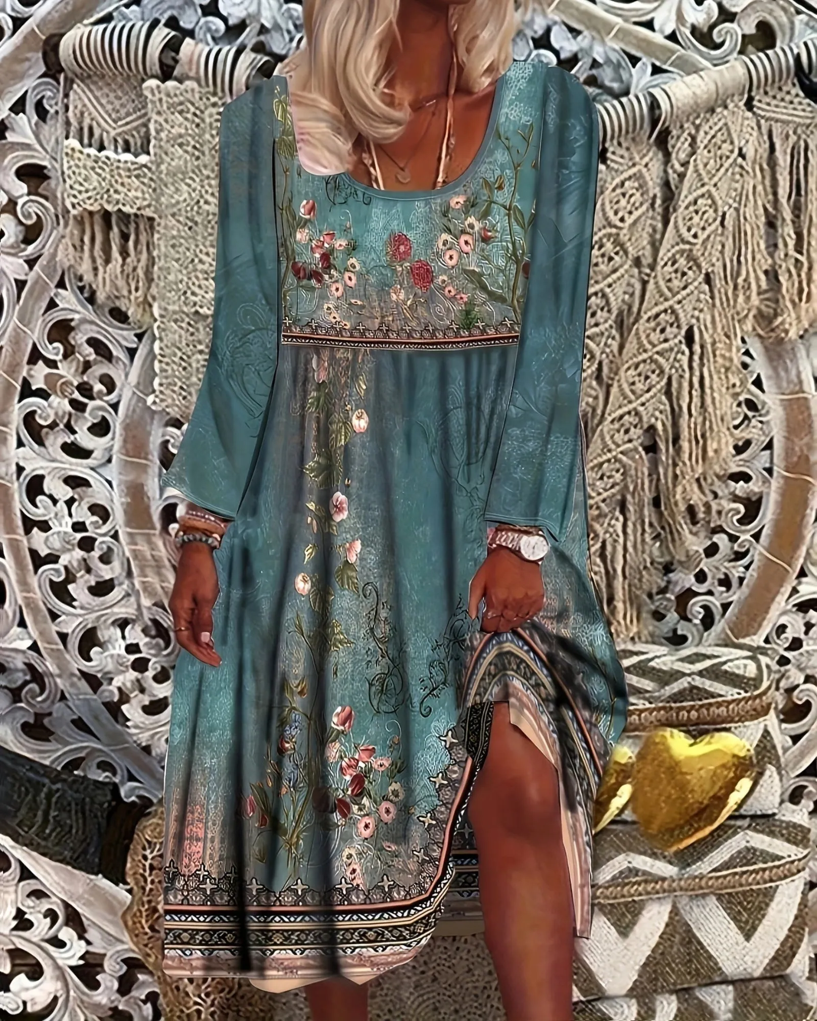 Celeste – Effortless Floral Print Midi Dress with Long Sleeves