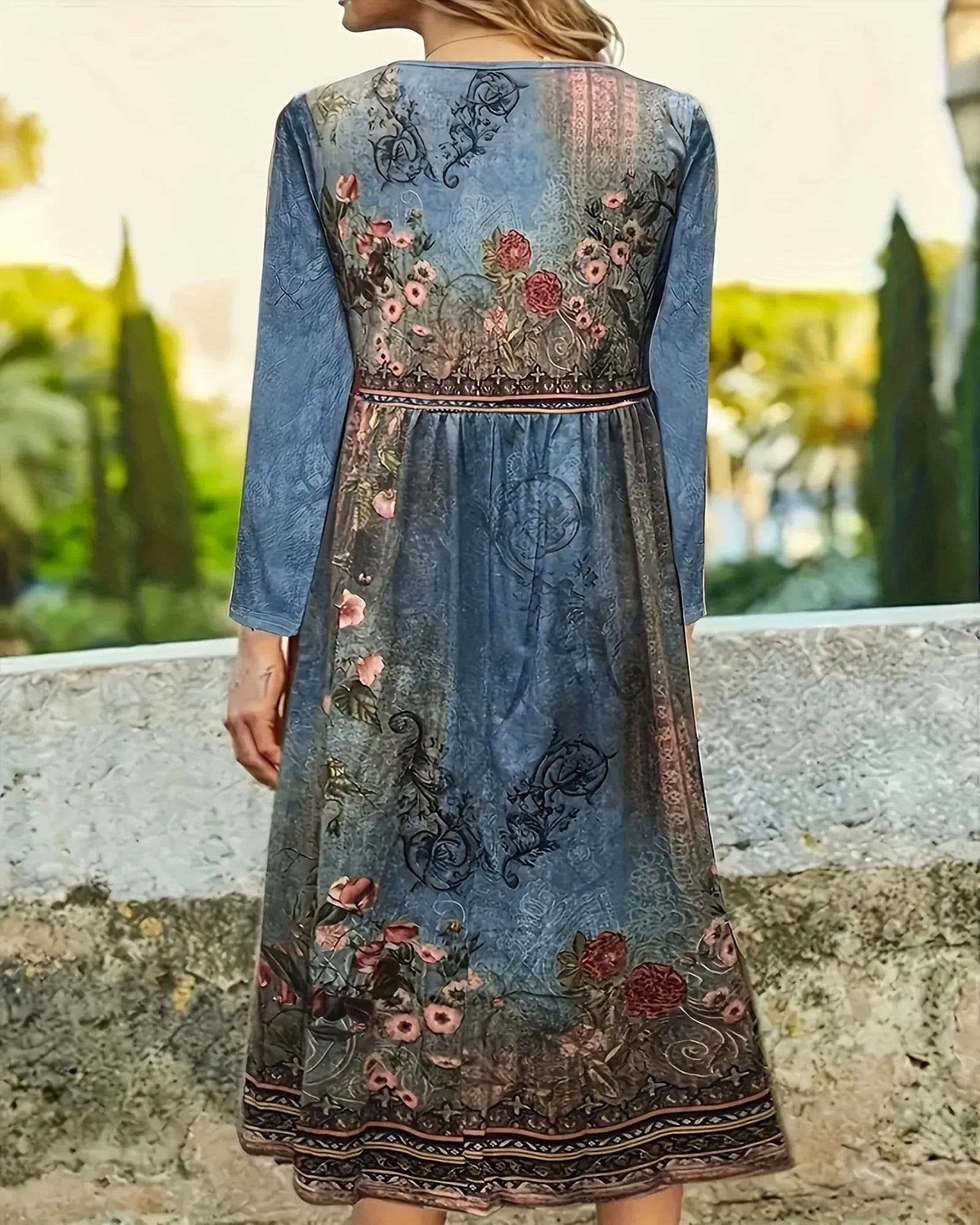 Celeste – Effortless Floral Print Midi Dress with Long Sleeves