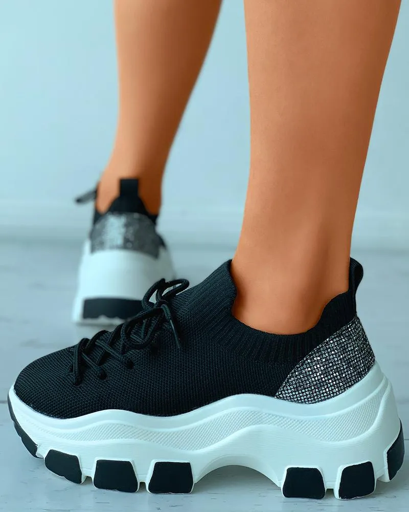 Colorblock Sequins Patch Knit Lace up Sneakers