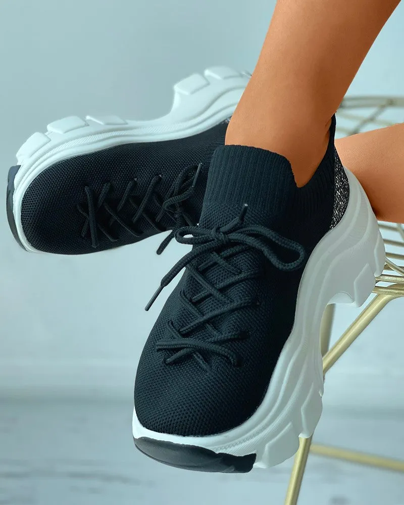 Colorblock Sequins Patch Knit Lace up Sneakers