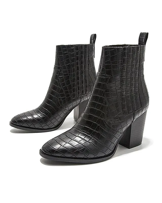 Crocodile Pattern Faux Leather Boots - Black