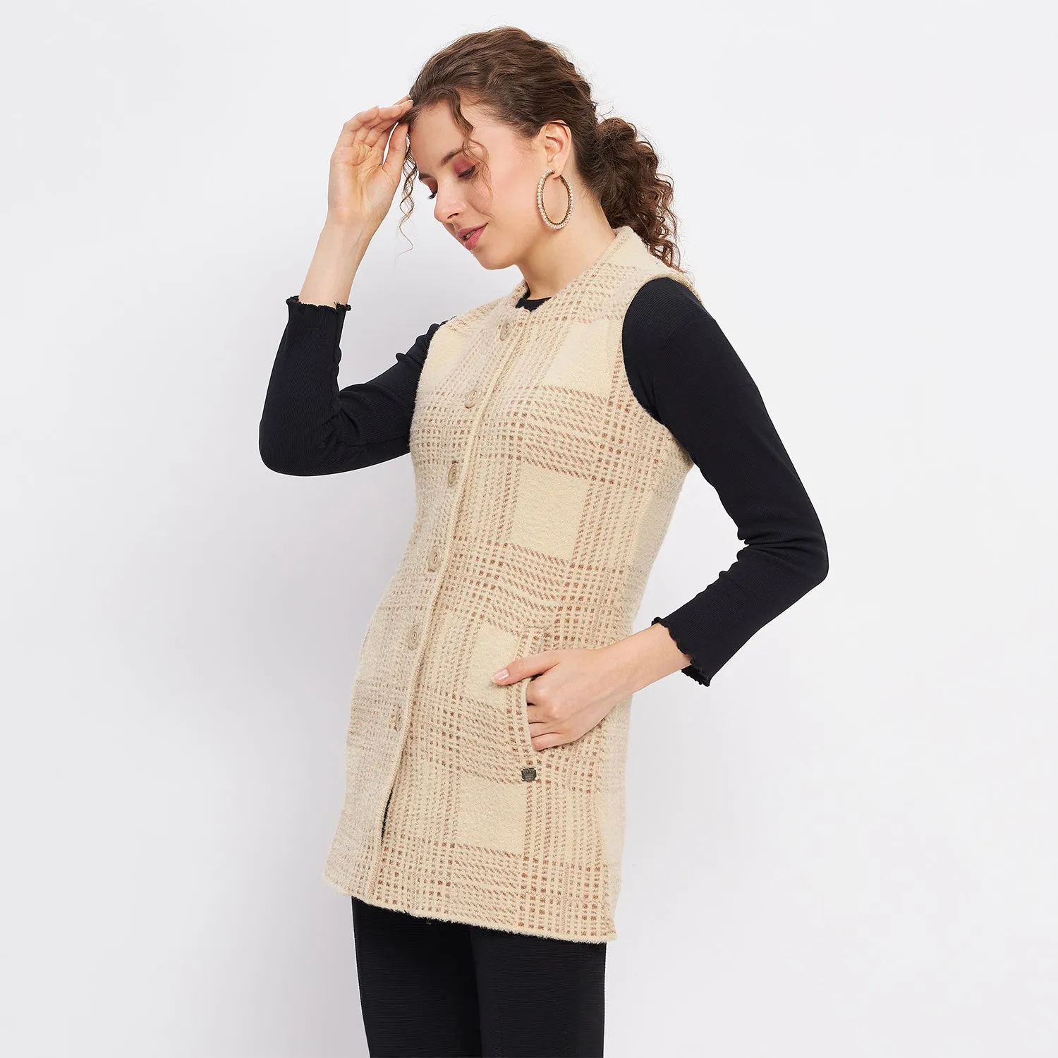 Duke Stardust Women Sleeveless Self Design Cardigan (LQS9783)