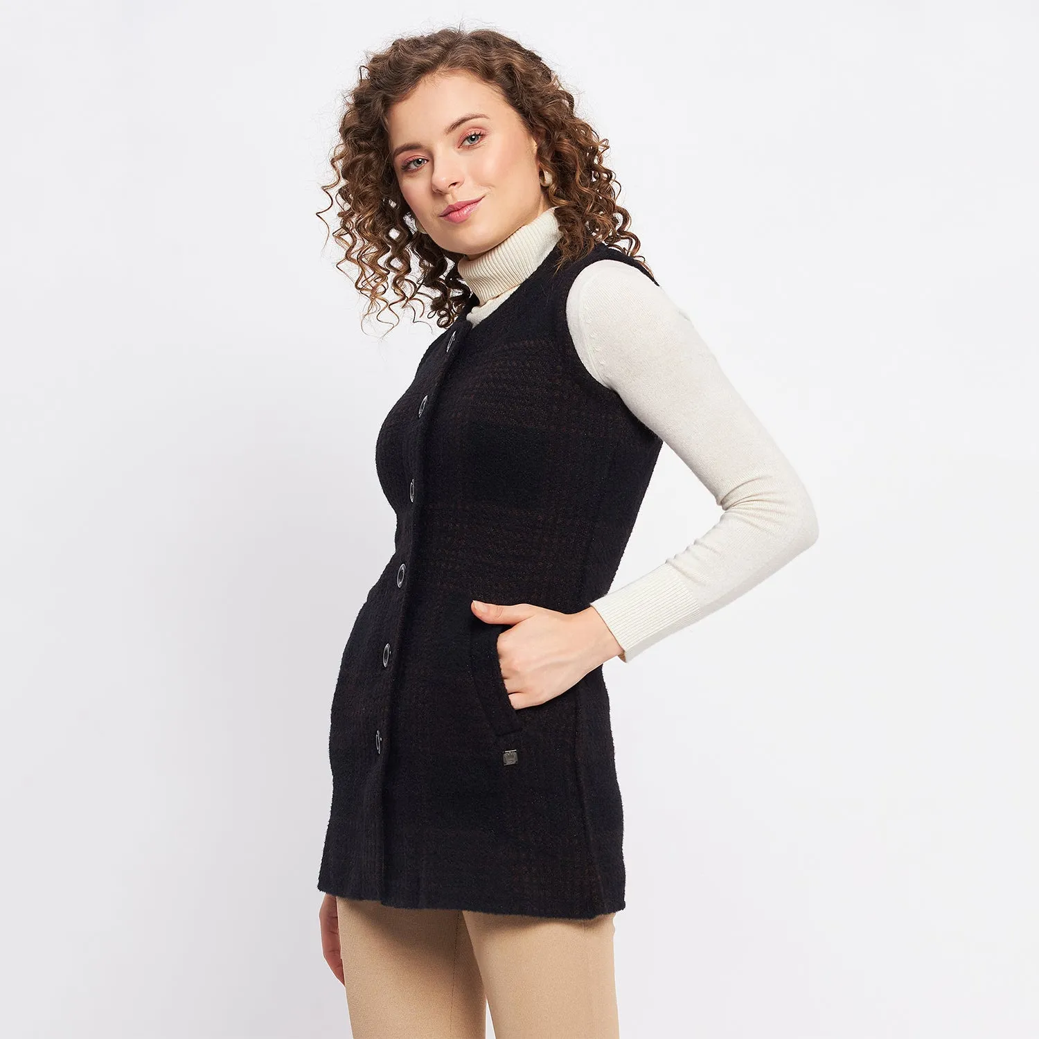 Duke Stardust Women Sleeveless Self Design Cardigan (LQS9783)