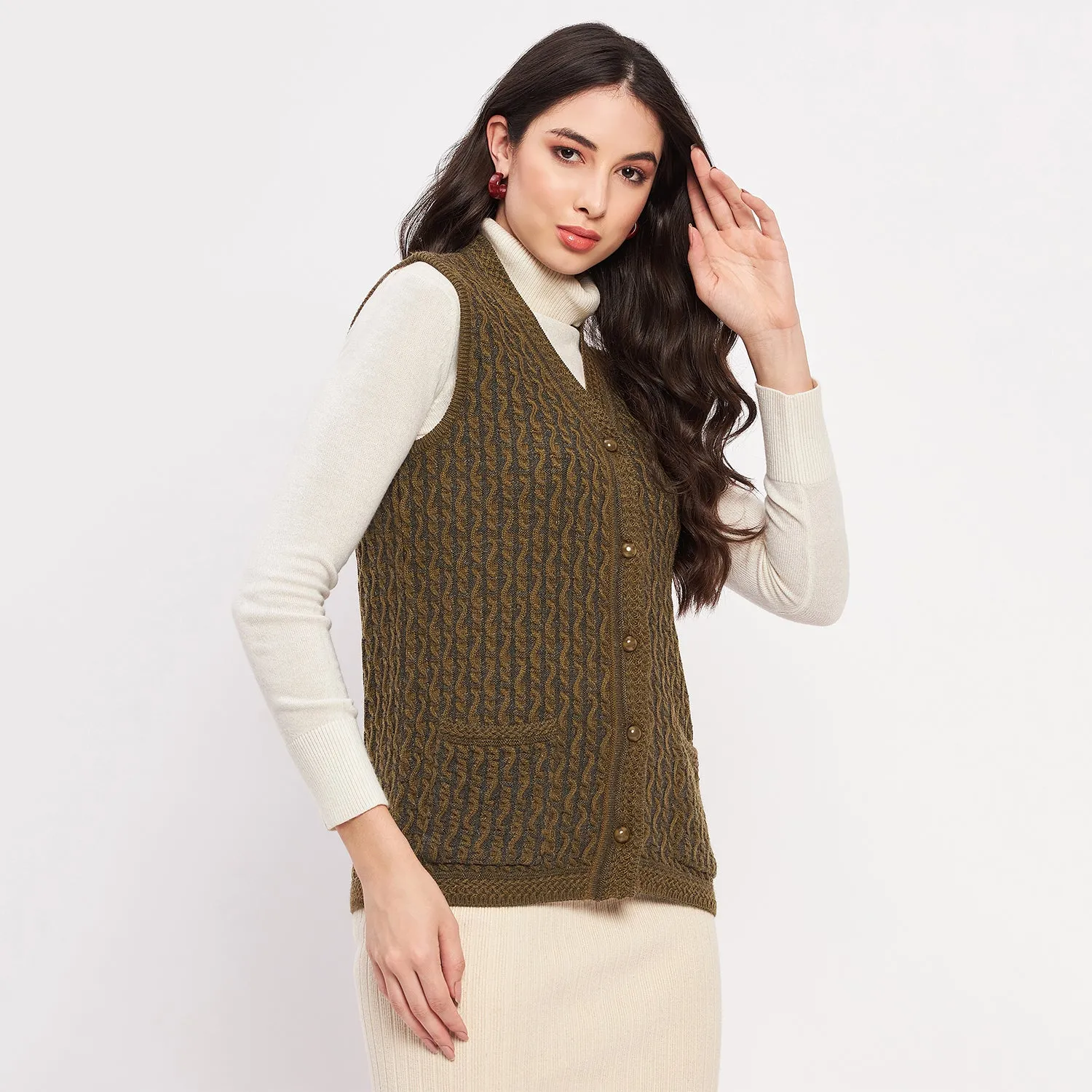 Duke Stardust Women Sleeveless Self Design Cardigan (LQS9785)
