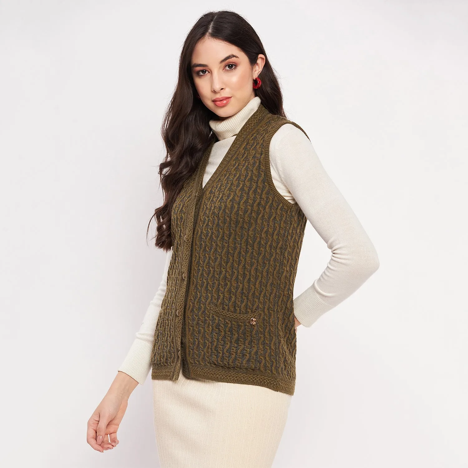 Duke Stardust Women Sleeveless Self Design Cardigan (LQS9785)