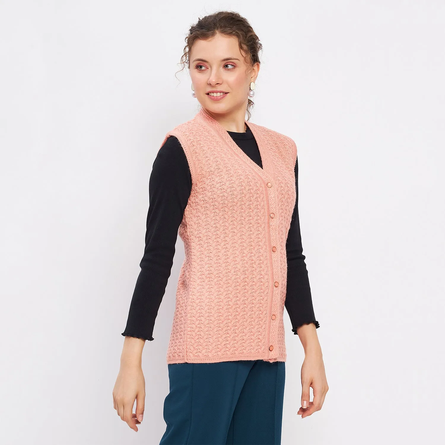 Duke Stardust Women Sleeveless Self Design Cardigan (LQS9788)