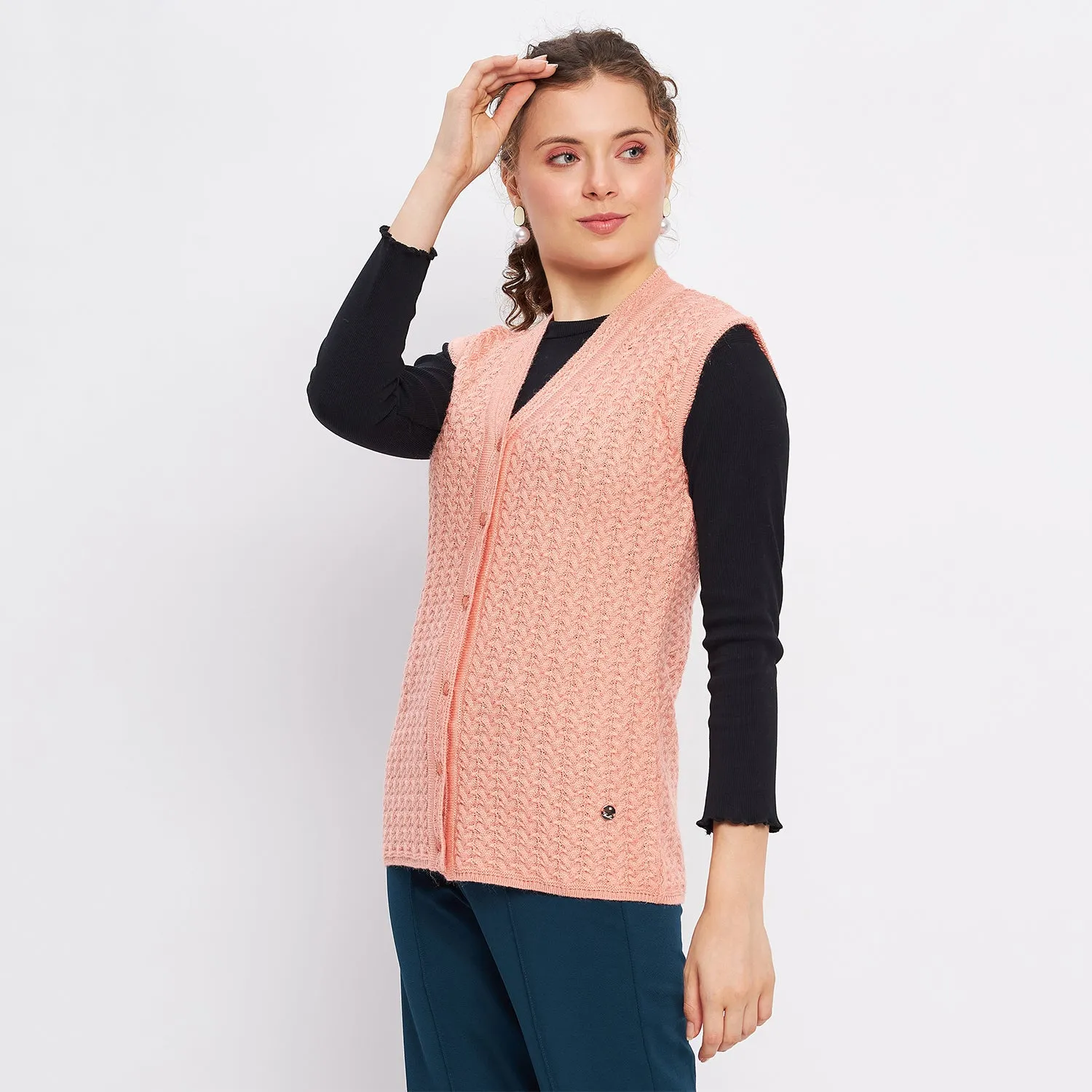 Duke Stardust Women Sleeveless Self Design Cardigan (LQS9788)