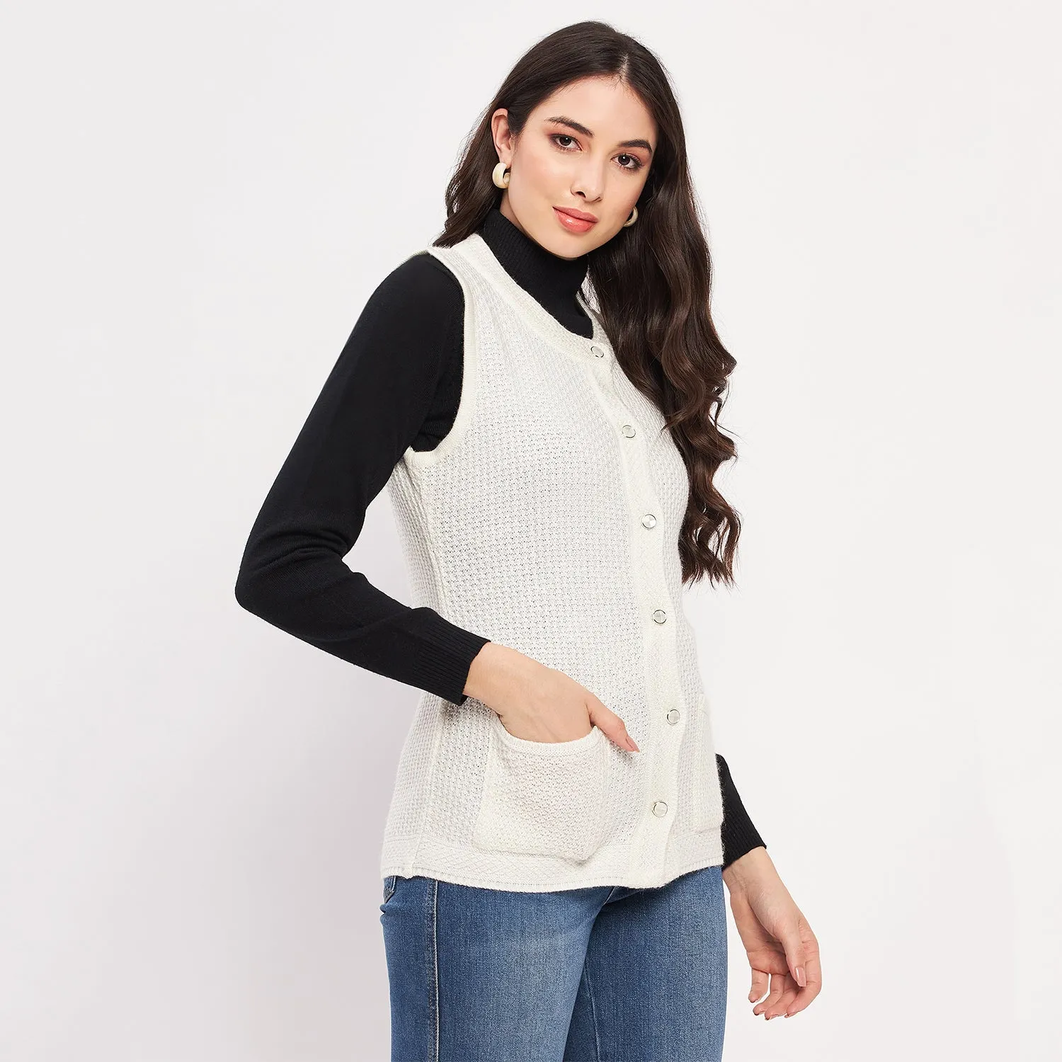 Duke Stardust Women Sleeveless Self Design Cardigan (LQS9789)