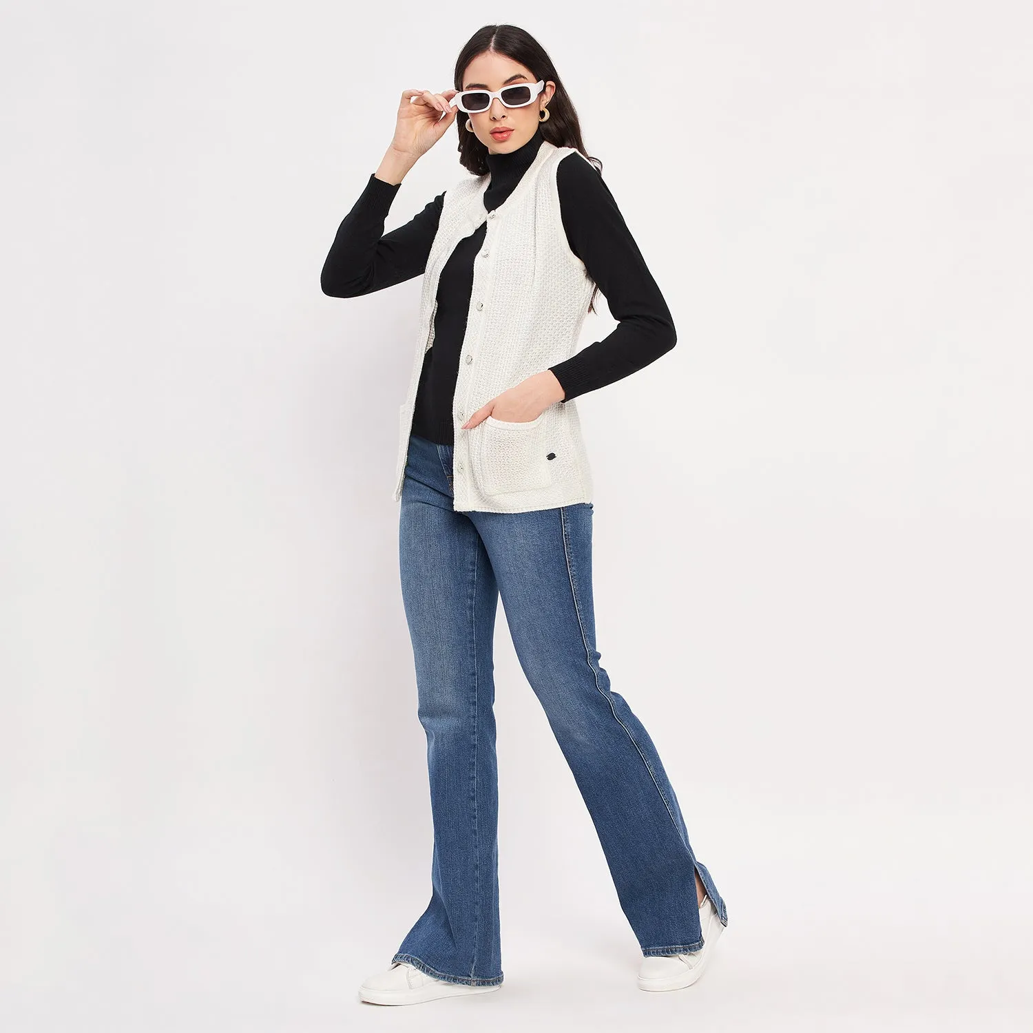 Duke Stardust Women Sleeveless Self Design Cardigan (LQS9789)