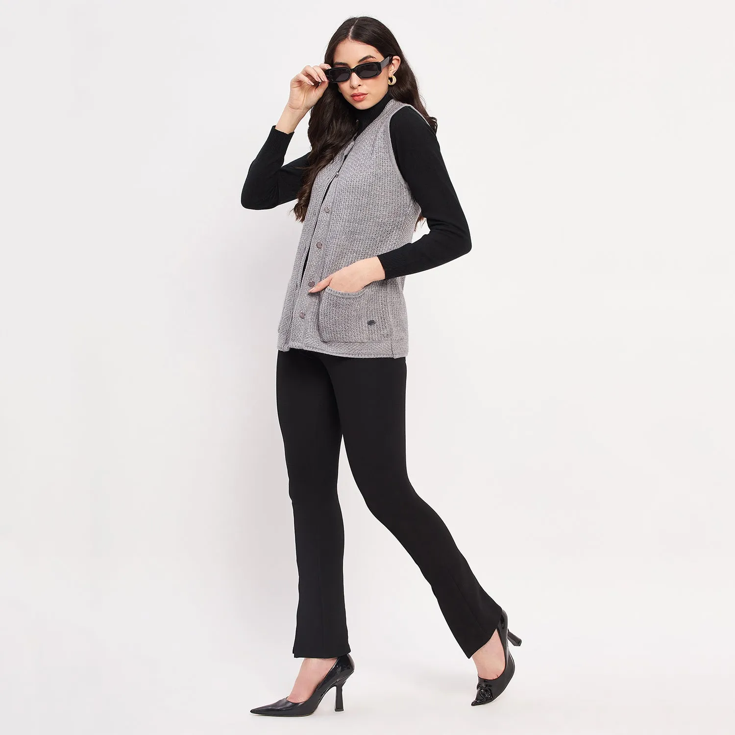 Duke Stardust Women Sleeveless Self Design Cardigan (LQS9789)