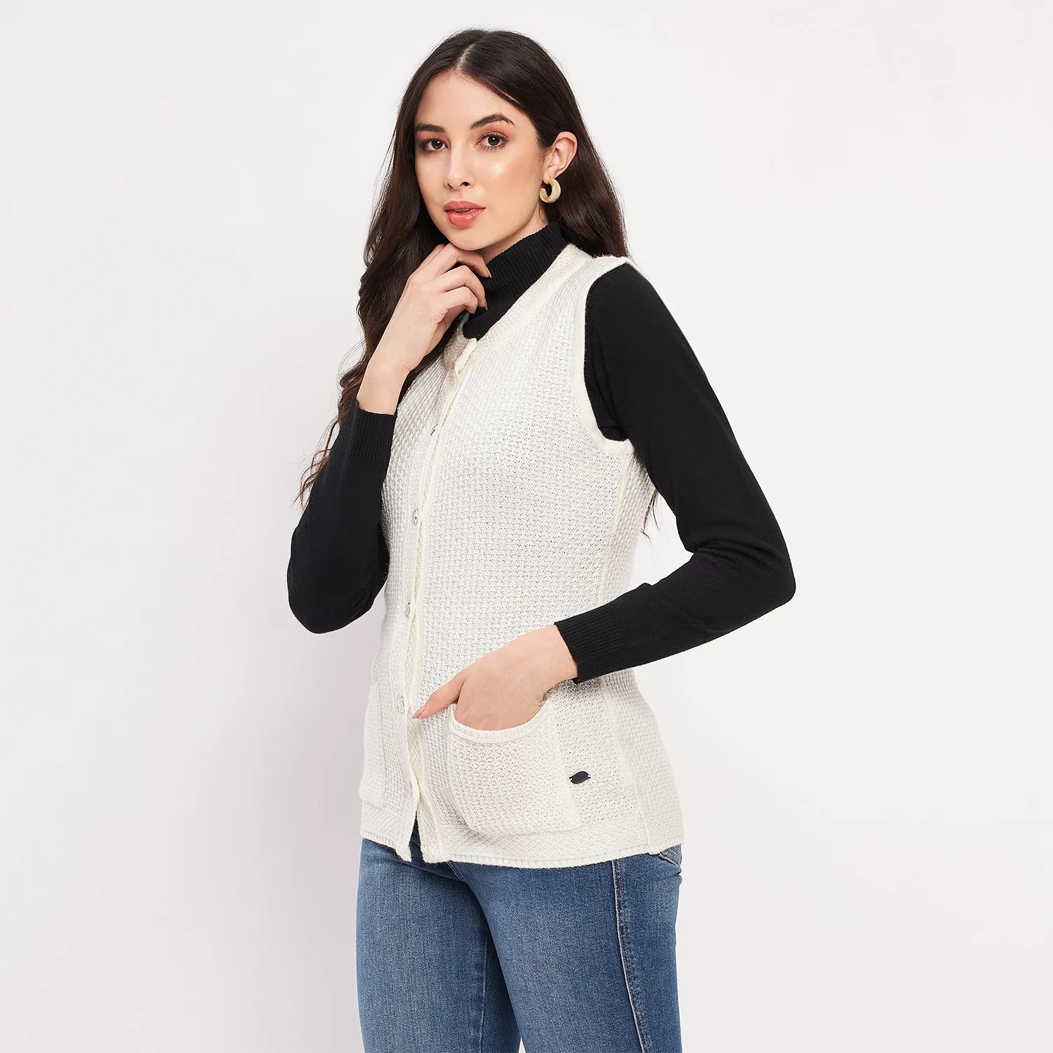 Duke Stardust Women Sleeveless Self Design Cardigan (LQS9789)