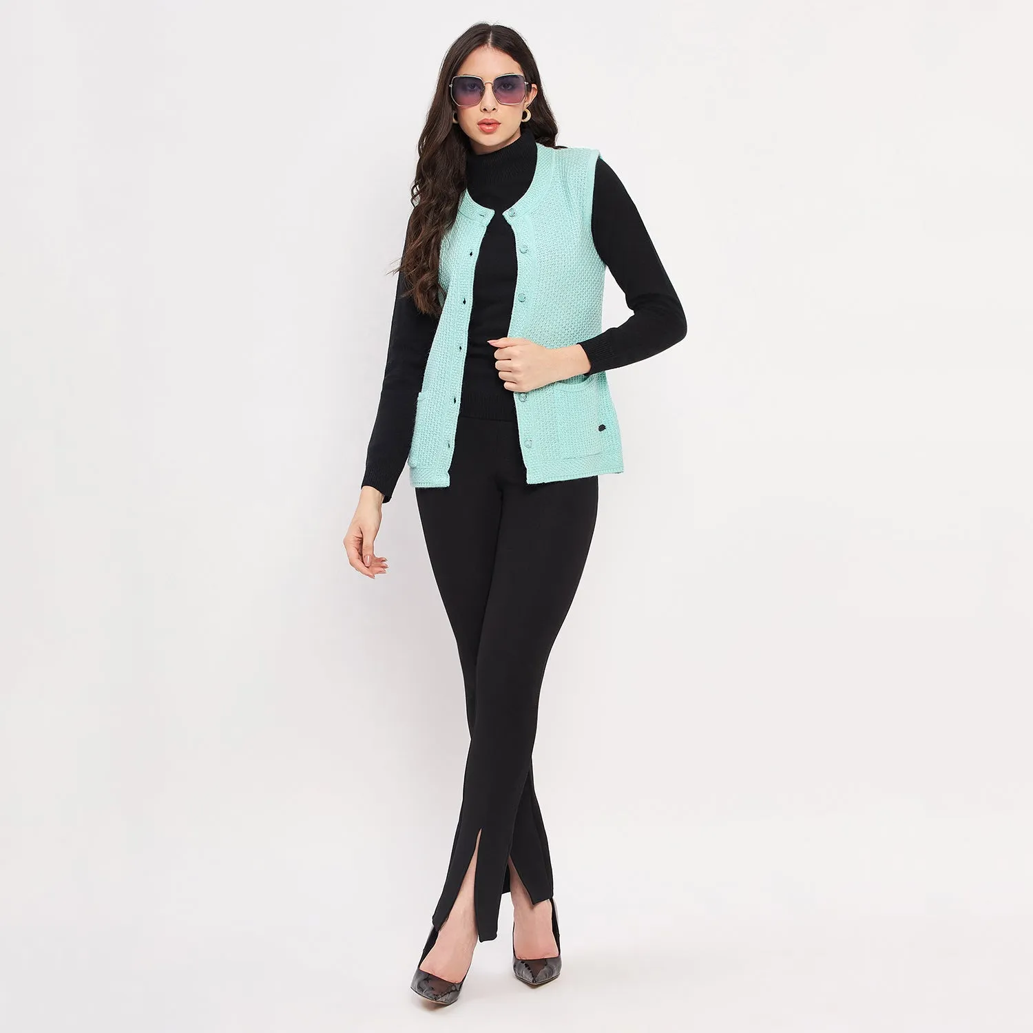 Duke Stardust Women Sleeveless Self Design Cardigan (LQS9789)