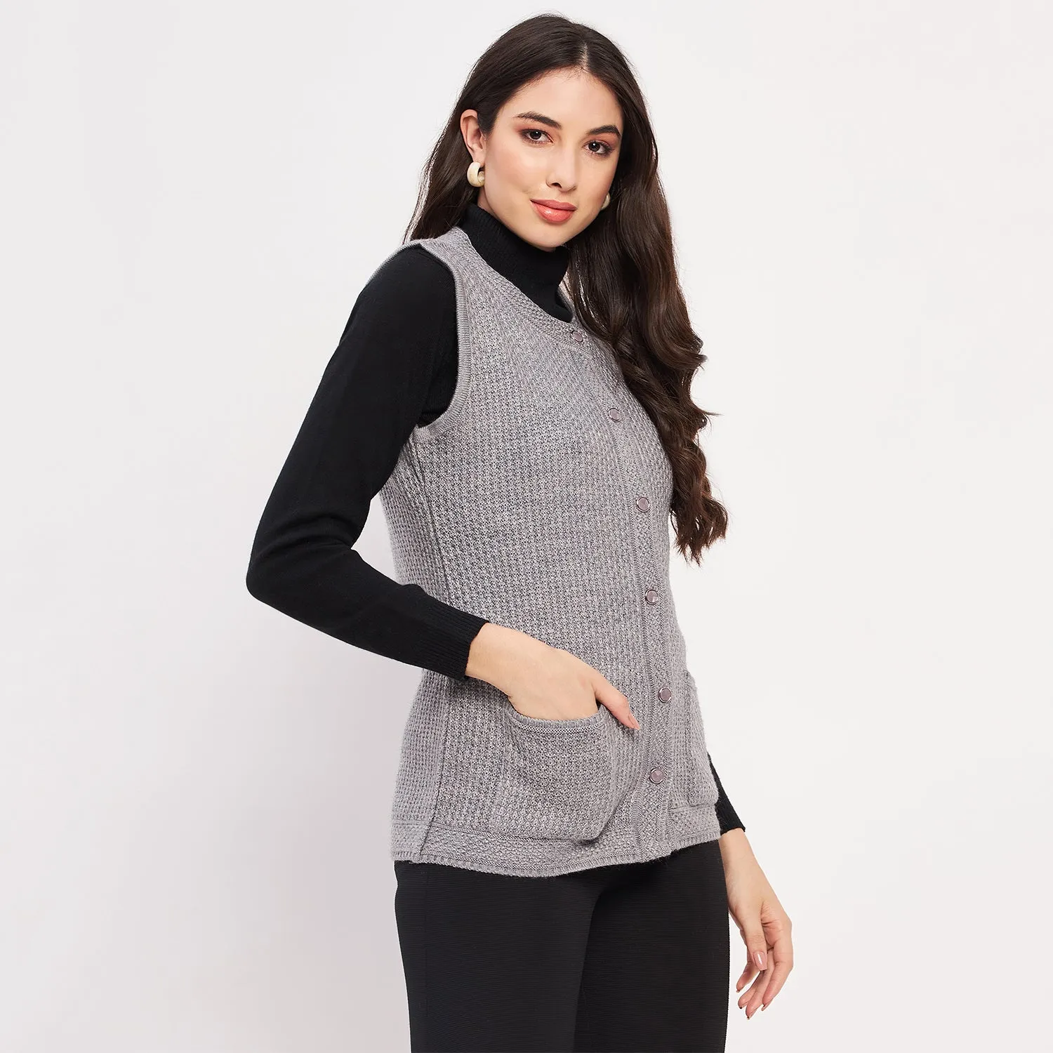 Duke Stardust Women Sleeveless Self Design Cardigan (LQS9789)