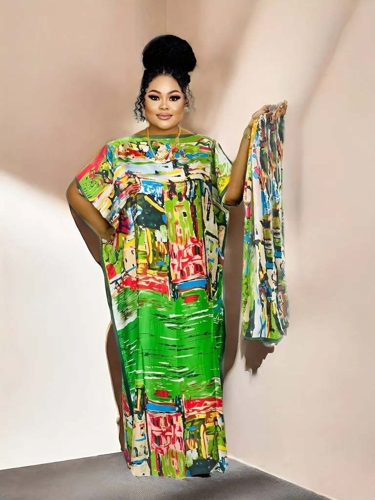 Elegant Plus Size Abstract Kaftan Maxi Dress – Flowy Batwing Sleeves & Timeless Chic