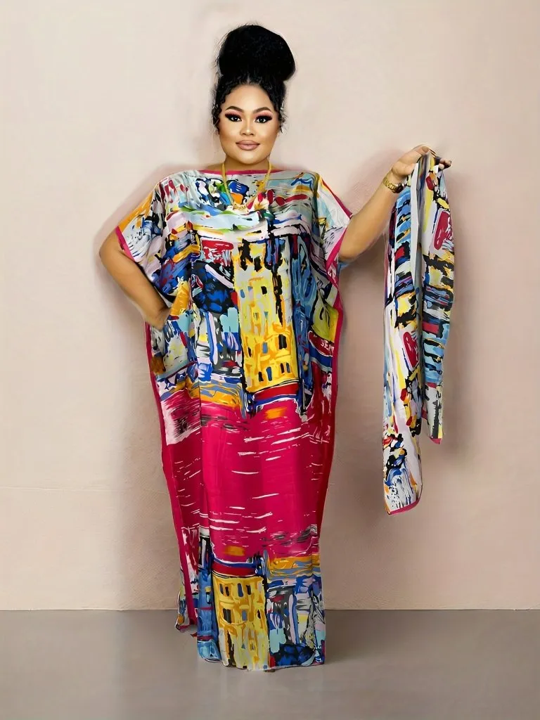 Elegant Plus Size Abstract Kaftan Maxi Dress – Flowy Batwing Sleeves & Timeless Chic