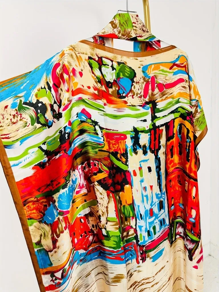 Elegant Plus Size Abstract Kaftan Maxi Dress – Flowy Batwing Sleeves & Timeless Chic