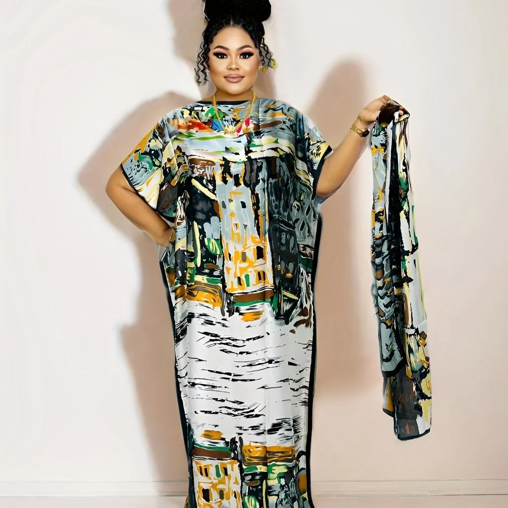 Elegant Plus Size Abstract Kaftan Maxi Dress – Flowy Batwing Sleeves & Timeless Chic