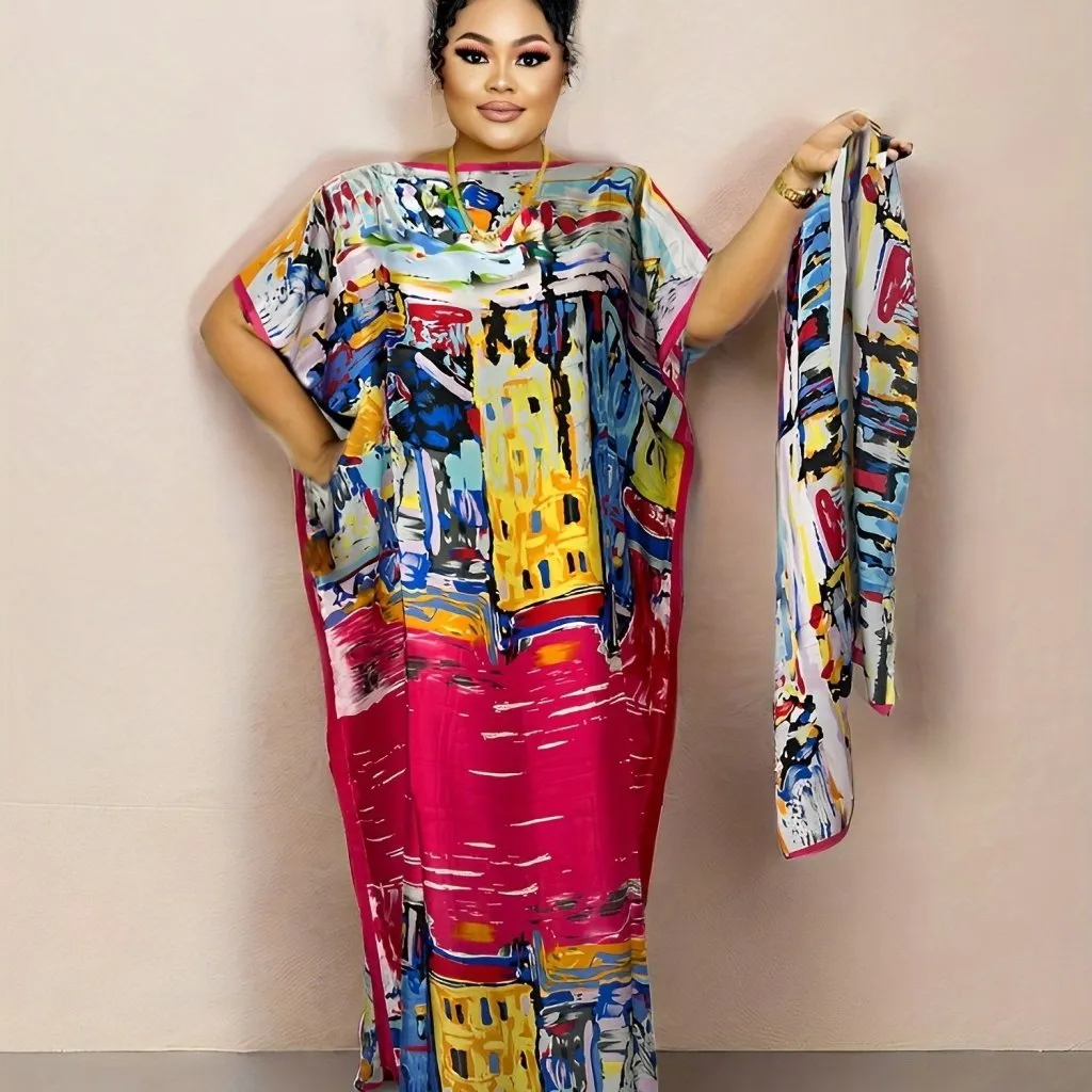 Elegant Plus Size Abstract Kaftan Maxi Dress – Flowy Batwing Sleeves & Timeless Chic
