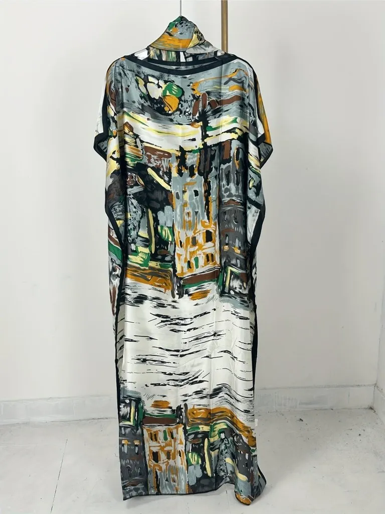 Elegant Plus Size Abstract Kaftan Maxi Dress – Flowy Batwing Sleeves & Timeless Chic
