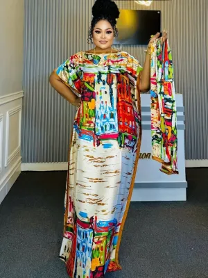 Elegant Plus Size Abstract Kaftan Maxi Dress – Flowy Batwing Sleeves & Timeless Chic