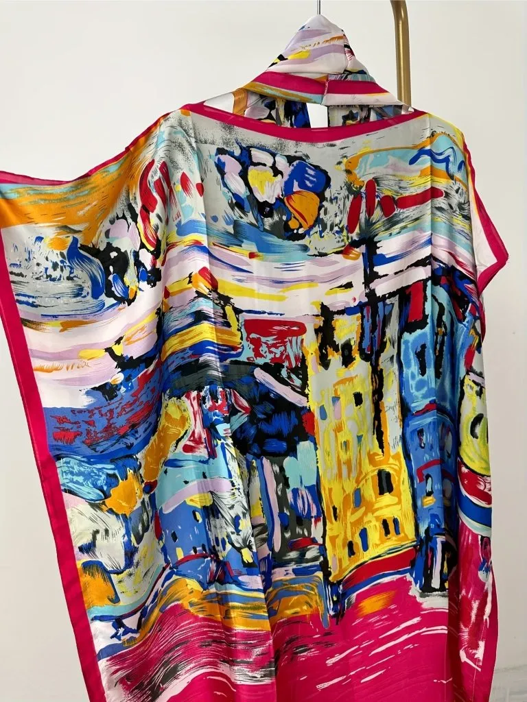 Elegant Plus Size Abstract Kaftan Maxi Dress – Flowy Batwing Sleeves & Timeless Chic