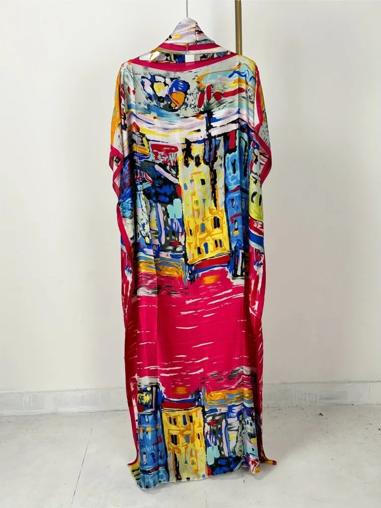 Elegant Plus Size Abstract Kaftan Maxi Dress – Flowy Batwing Sleeves & Timeless Chic