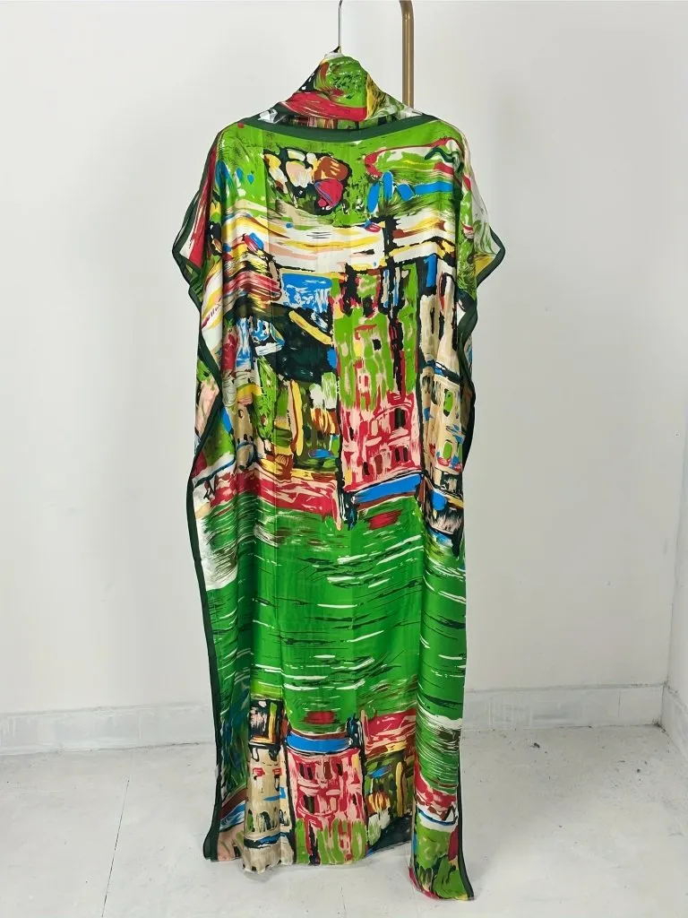 Elegant Plus Size Abstract Kaftan Maxi Dress – Flowy Batwing Sleeves & Timeless Chic