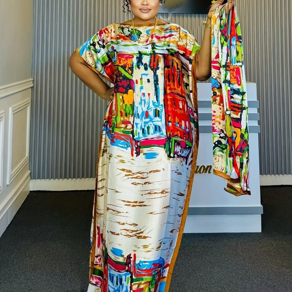 Elegant Plus Size Abstract Kaftan Maxi Dress – Flowy Batwing Sleeves & Timeless Chic