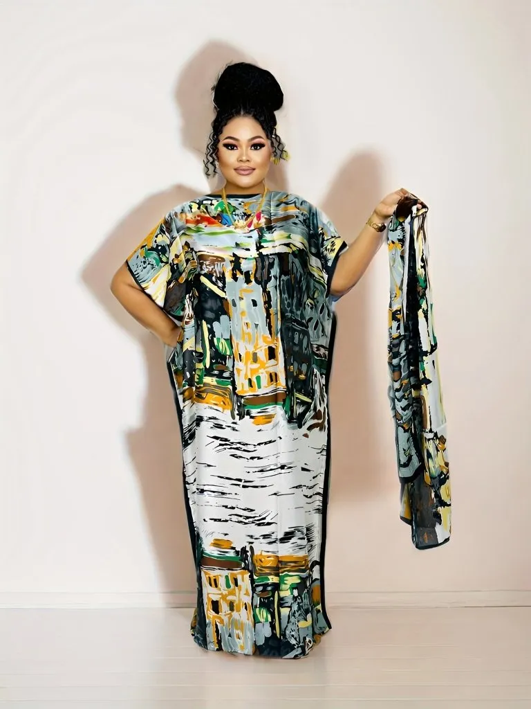 Elegant Plus Size Abstract Kaftan Maxi Dress – Flowy Batwing Sleeves & Timeless Chic