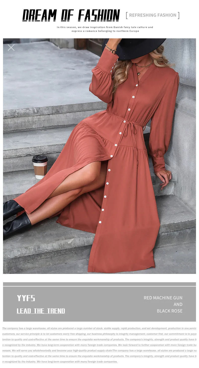 Elegant V-Neck Long Sleeve Dress – Ideal for Autumn & Evening Wear