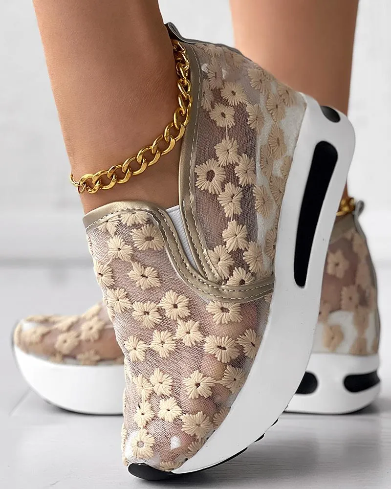 Floral Embroidery Slip on Muffin Sneakers