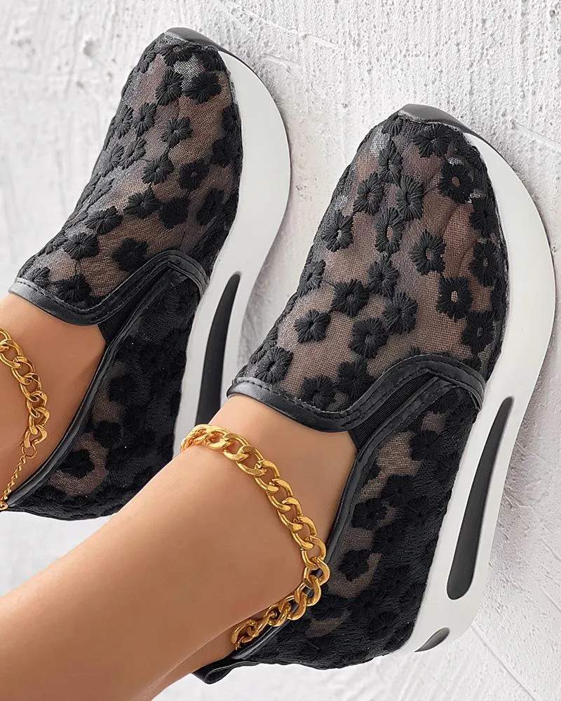 Floral Embroidery Slip on Muffin Sneakers
