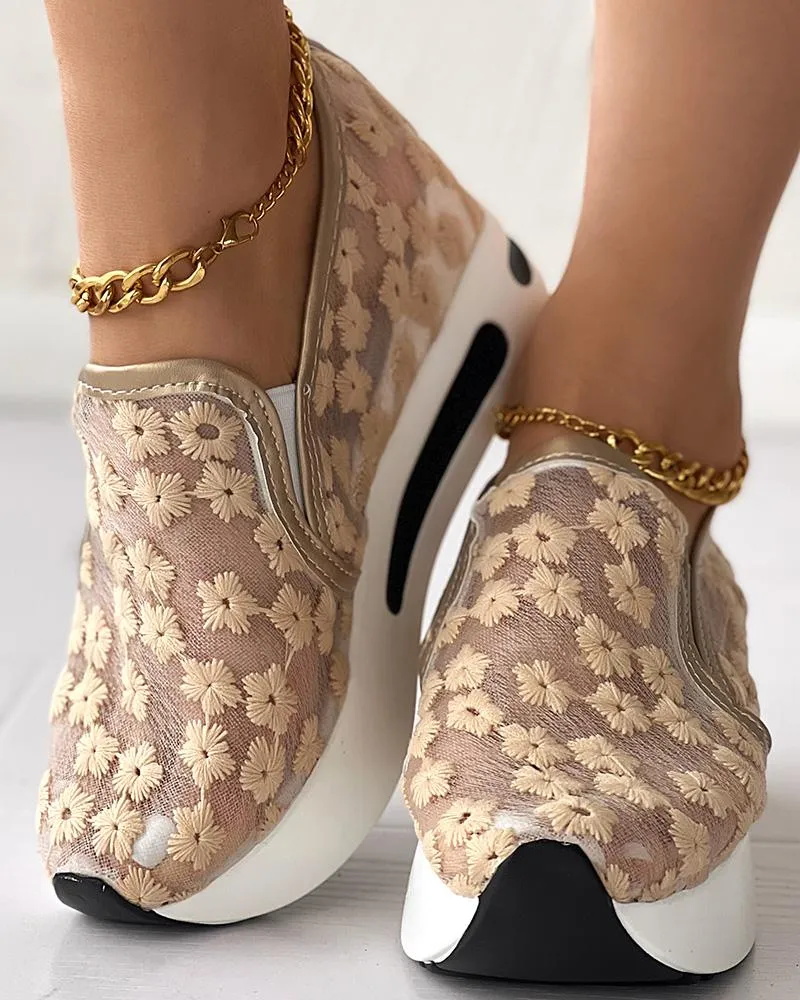Floral Embroidery Slip on Muffin Sneakers