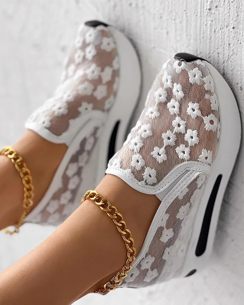 Floral Embroidery Slip on Muffin Sneakers