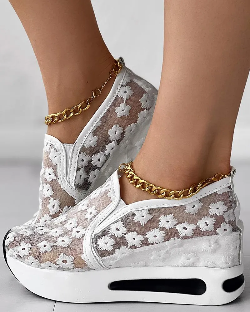 Floral Embroidery Slip on Muffin Sneakers