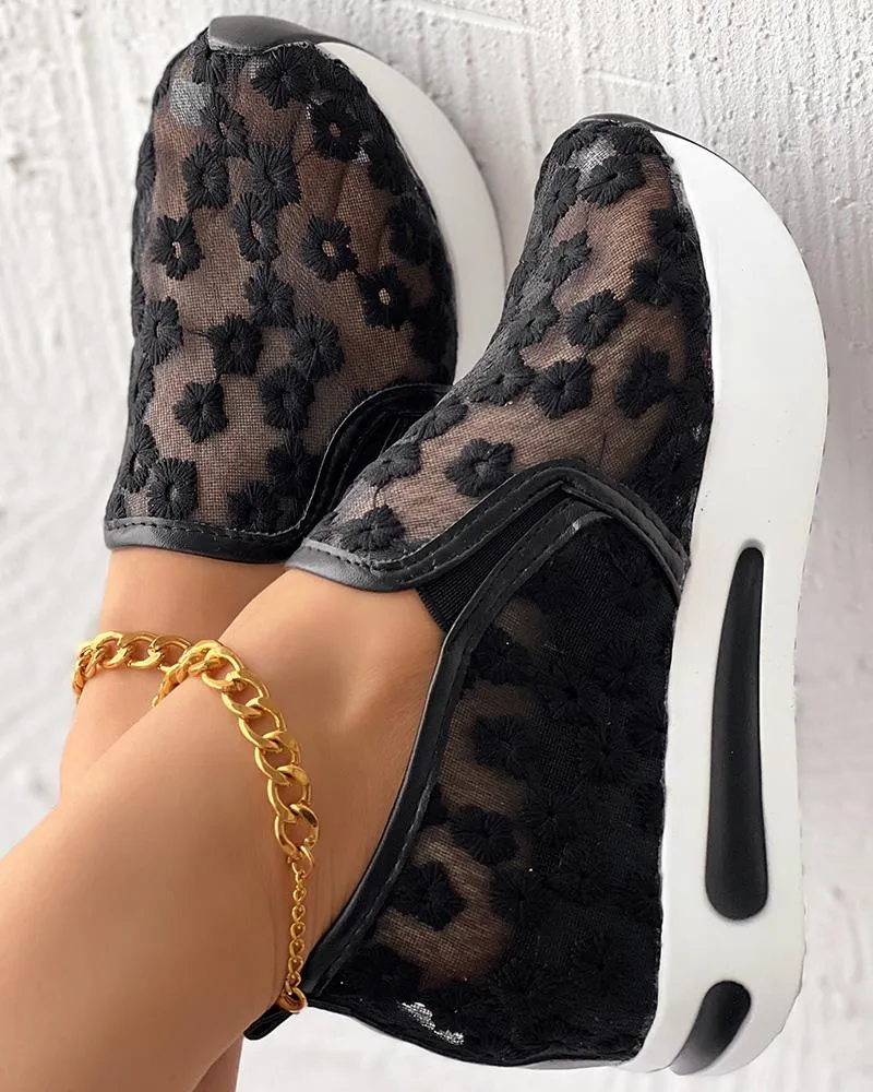 Floral Embroidery Slip on Muffin Sneakers