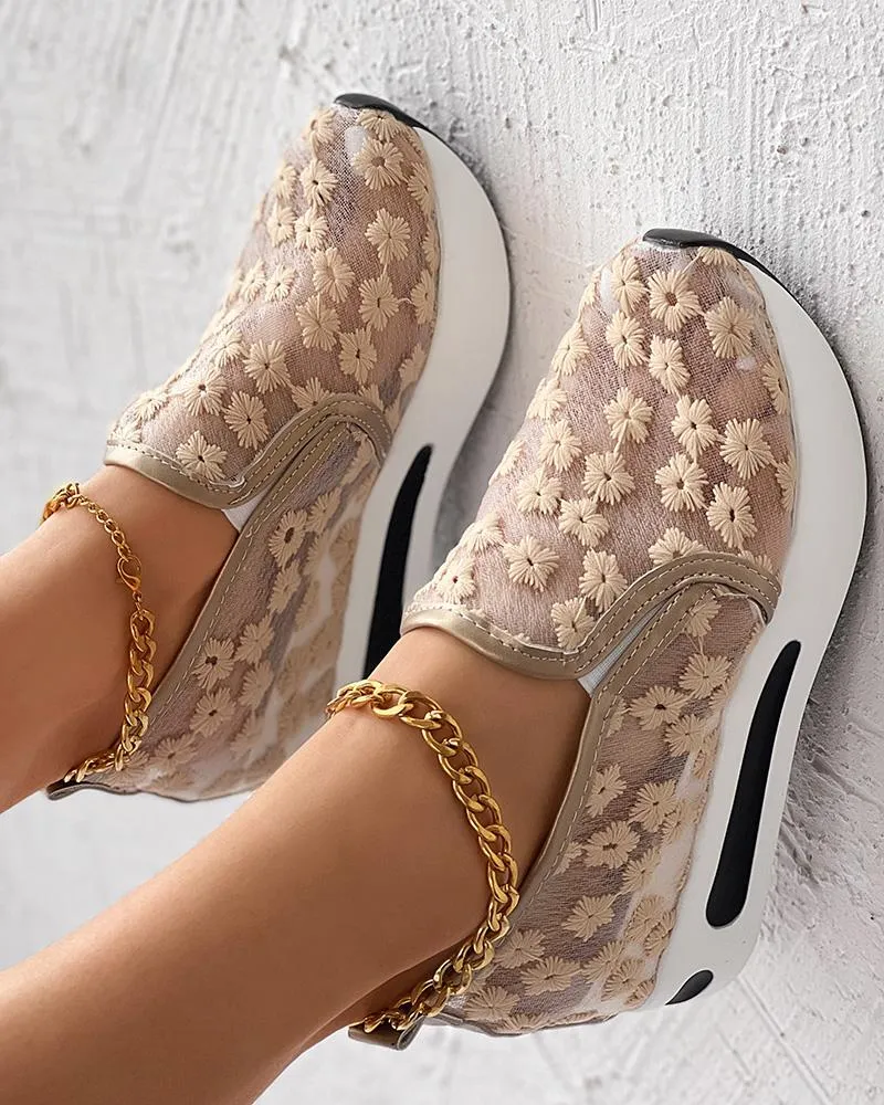 Floral Embroidery Slip on Muffin Sneakers