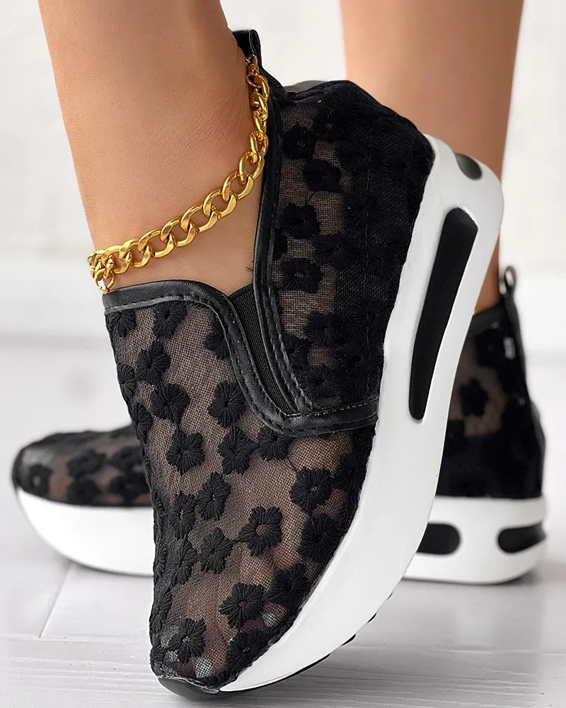 Floral Embroidery Slip on Muffin Sneakers