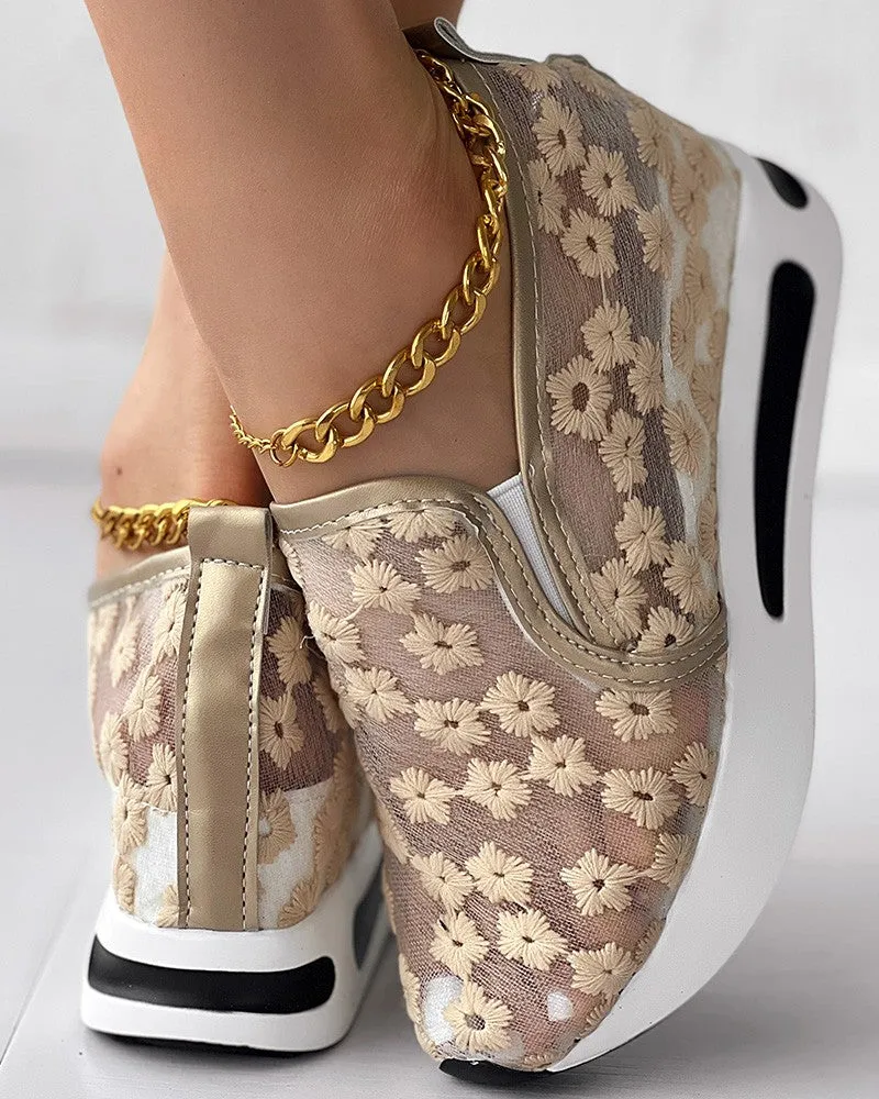 Floral Embroidery Slip on Muffin Sneakers