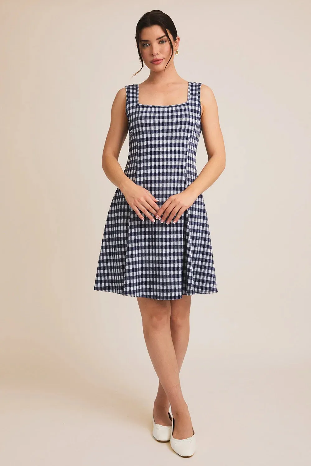 Gingham Print Square Neck Sleeveless Fit and Flare Navy Summer Mini Dress
