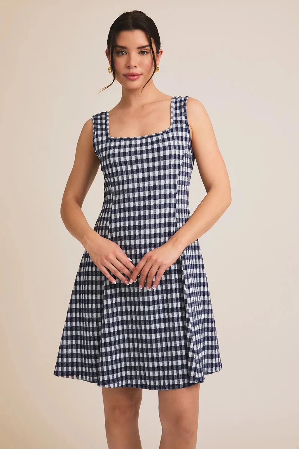 Gingham Print Square Neck Sleeveless Fit and Flare Navy Summer Mini Dress