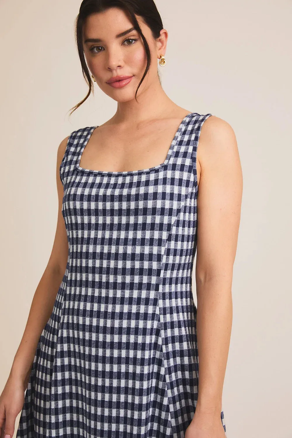 Gingham Print Square Neck Sleeveless Fit and Flare Navy Summer Mini Dress