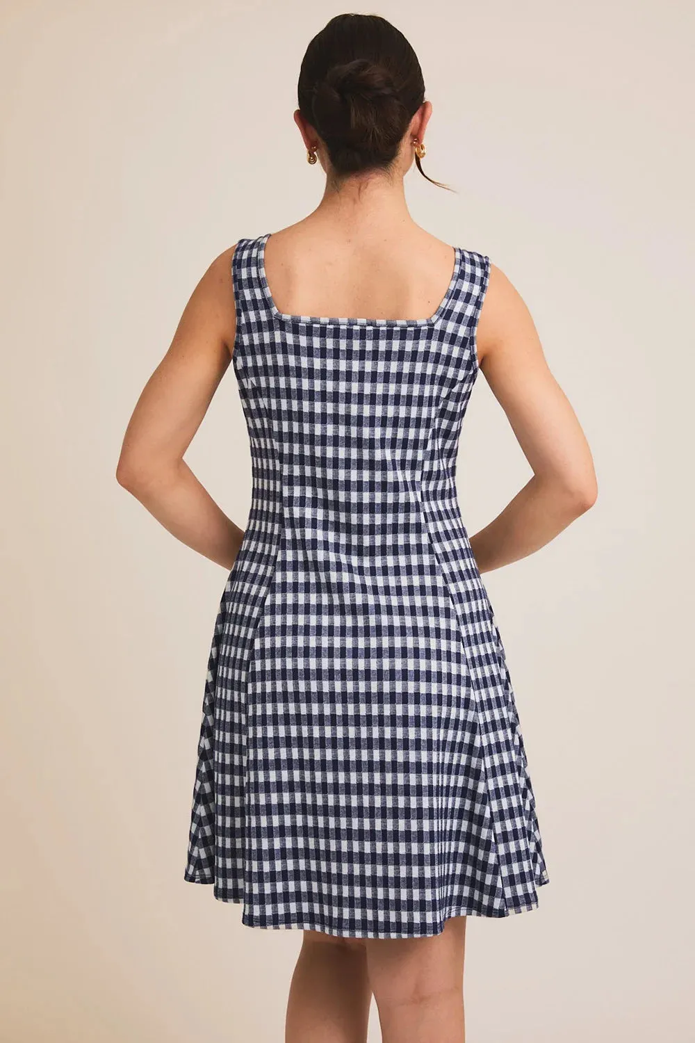 Gingham Print Square Neck Sleeveless Fit and Flare Navy Summer Mini Dress