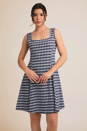 Gingham Print Square Neck Sleeveless Fit and Flare Navy Summer Mini Dress