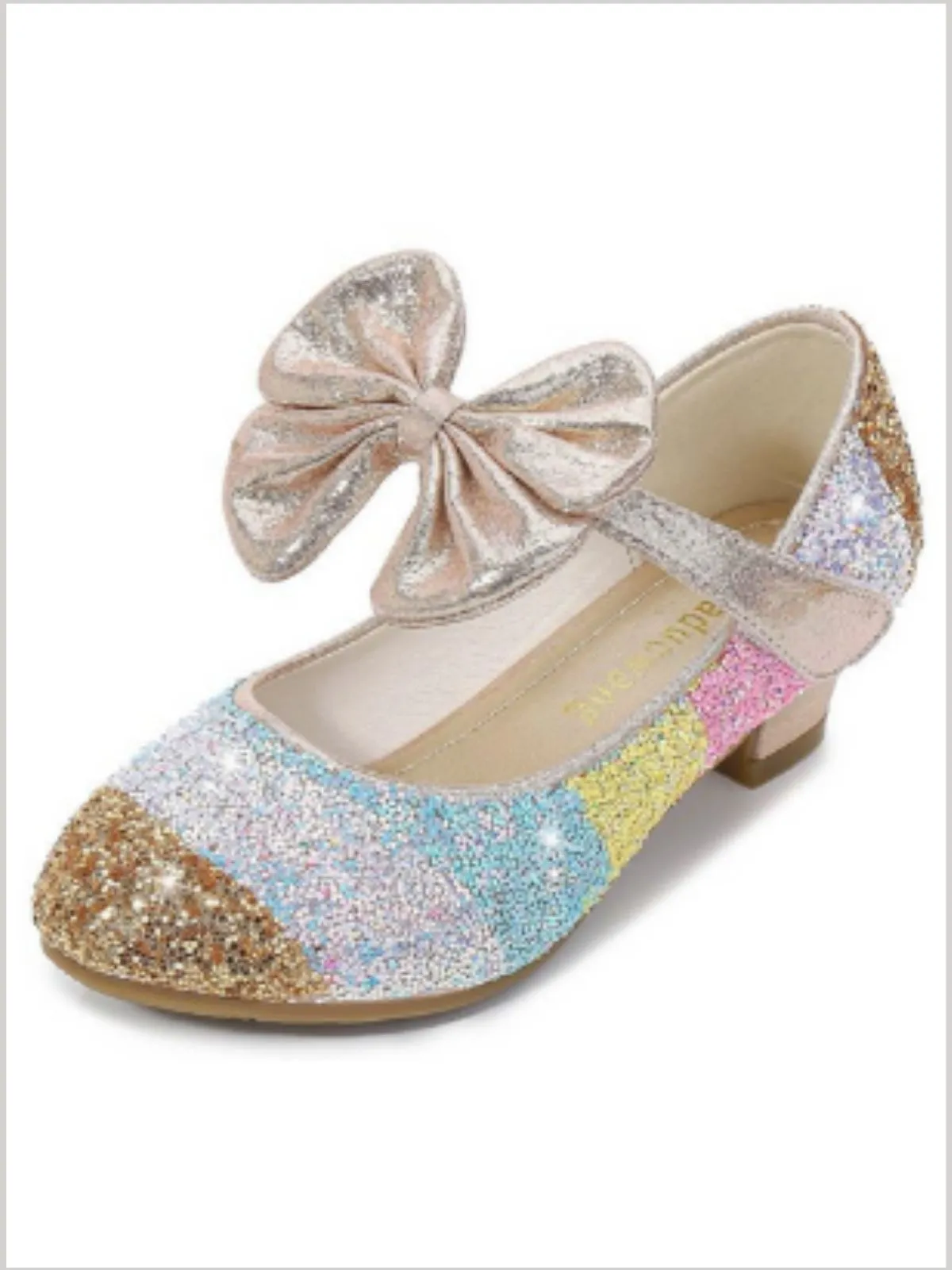 Girls Leather Glitter Heeled Bow Flats By Liv and Mia