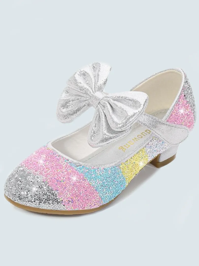 Girls Leather Glitter Heeled Bow Flats By Liv and Mia